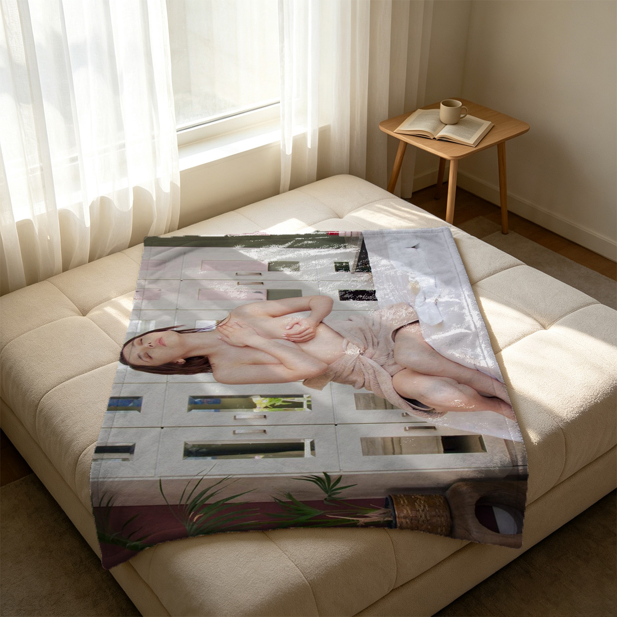 A Japanese model in a white lace leotard lying on a round wooden table. - Blanket