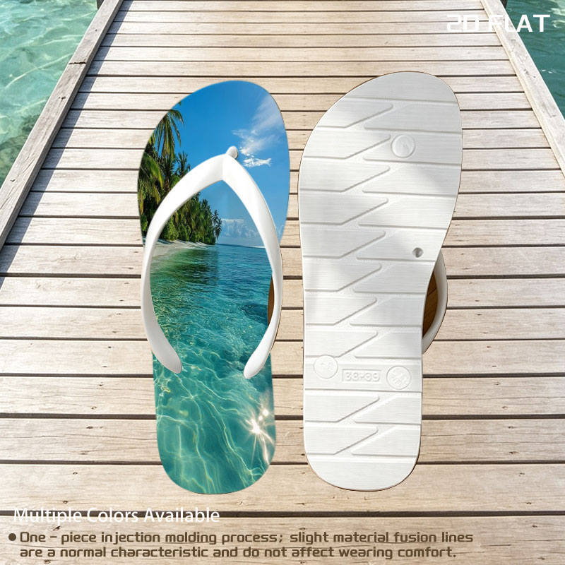 Crystal-clear turquoise waters meet a pristine white sand beach lined with lush palm trees under a bright blue sky. -  flip-flops