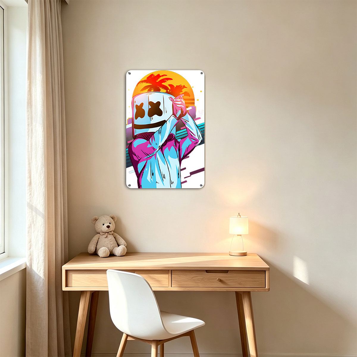 Marshmello in a vibrant neon outfit against a sunset cityscape, holding a phone to his head. - painting