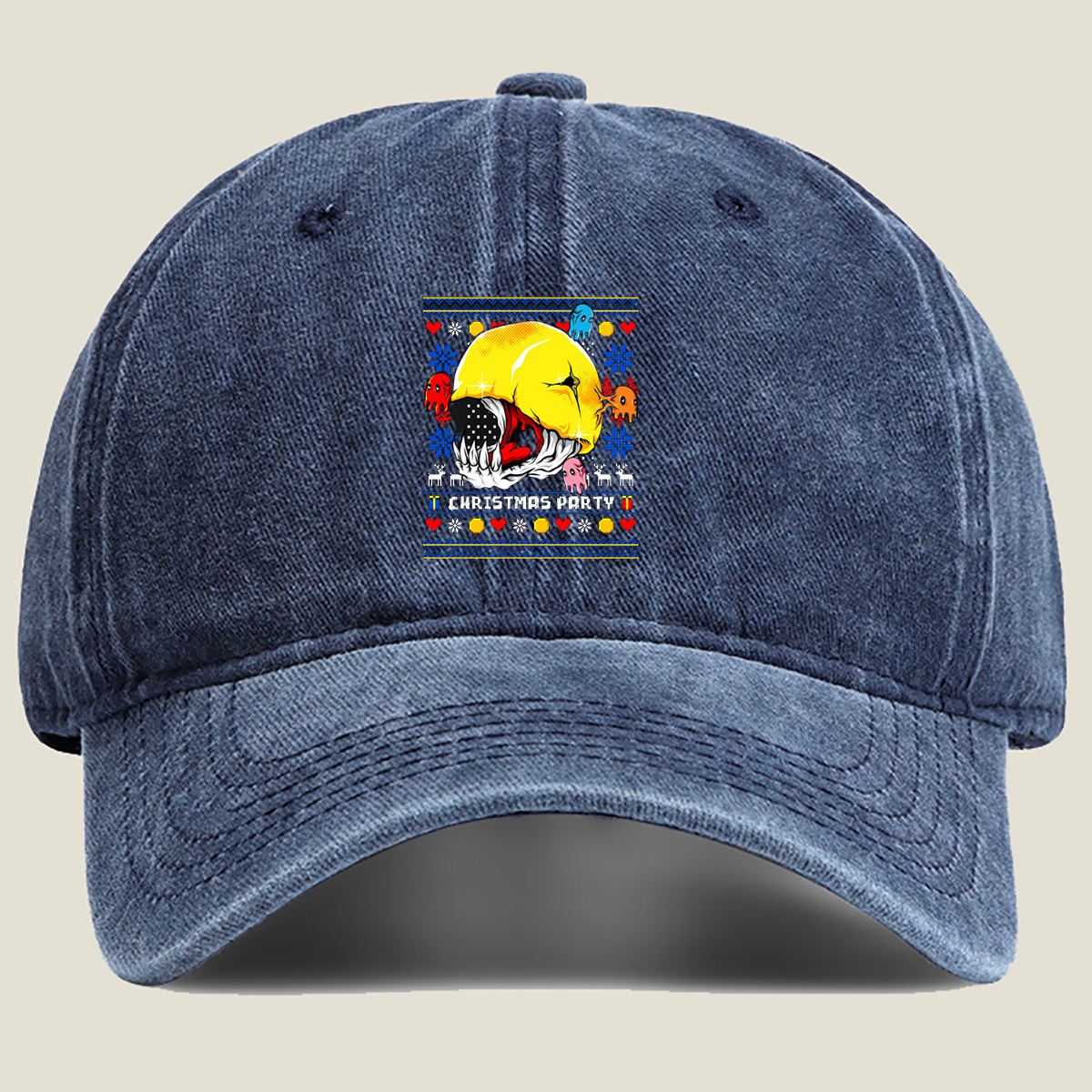 Pac-Man Christmas Party with Ghosts - Washed Denim - Baseball Cap