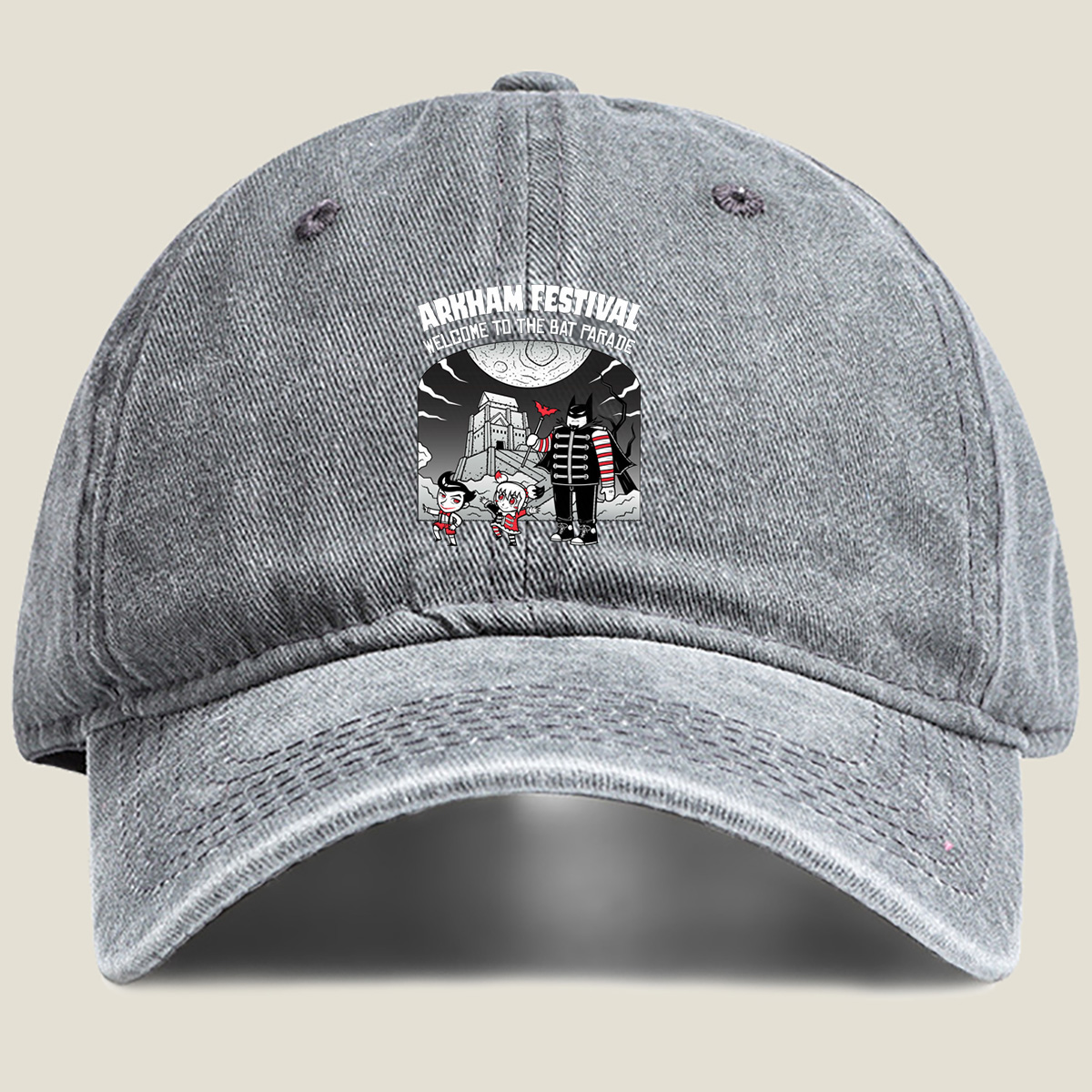 Arkham Festival: Batman, Harley Quinn, and The Joker in the Bat Parade - Washed Denim - Baseball Cap