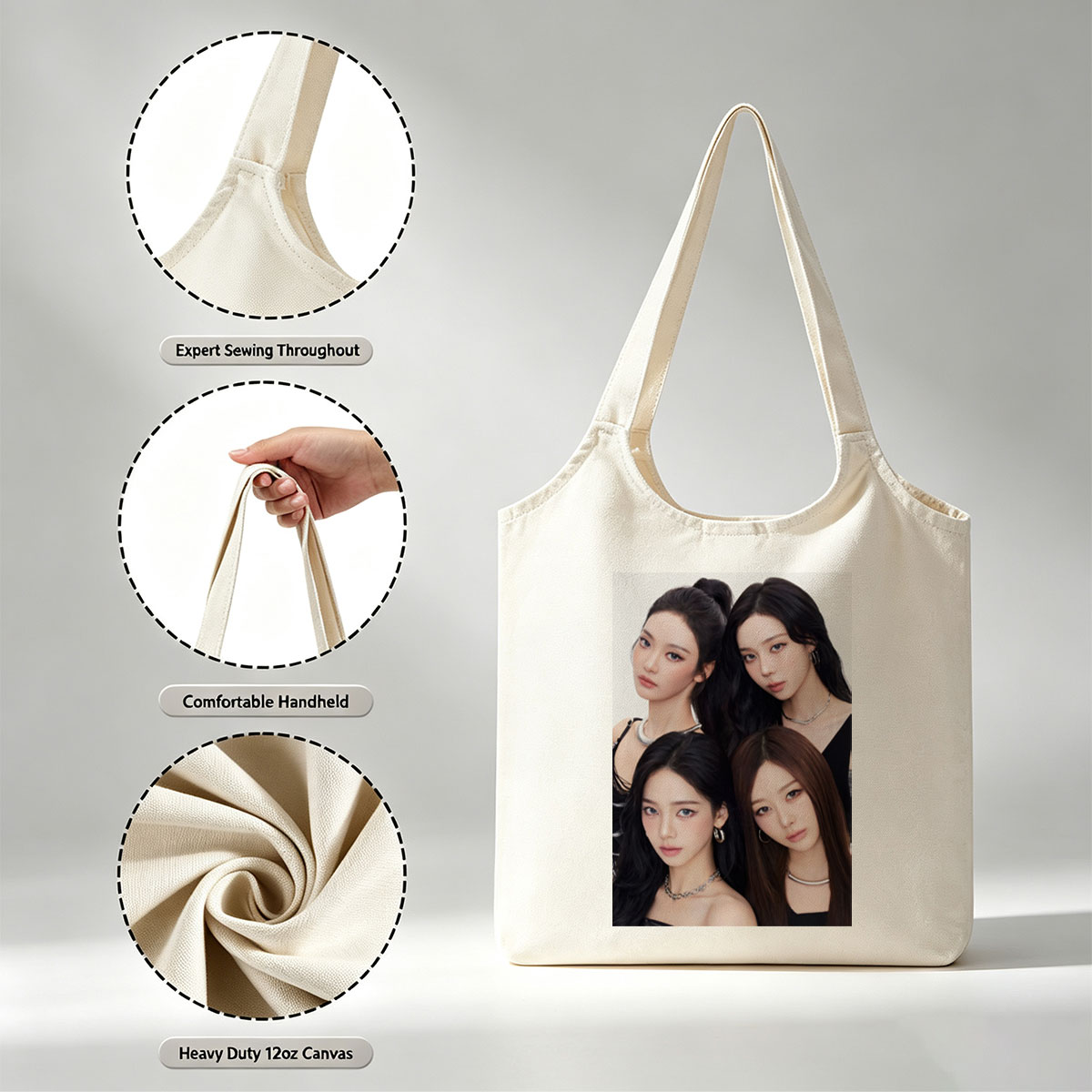 Aespa Members in a Close-Up Group Portrait with Elegant Black Outfits and Stylish Jewelry - Canvas shoulder bags/