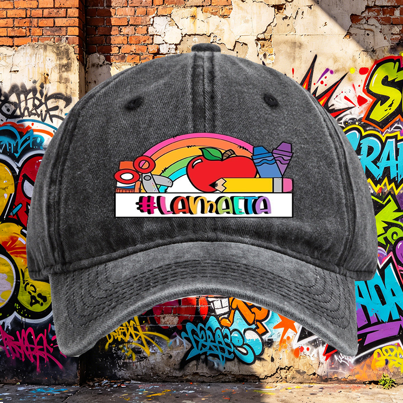 Unisex Classic Washed Cotton Hat with Rainbow Apple Art and #LAMMAETA Print - Perfect for School, Arts & Crafts, Teachers and Creative Adults