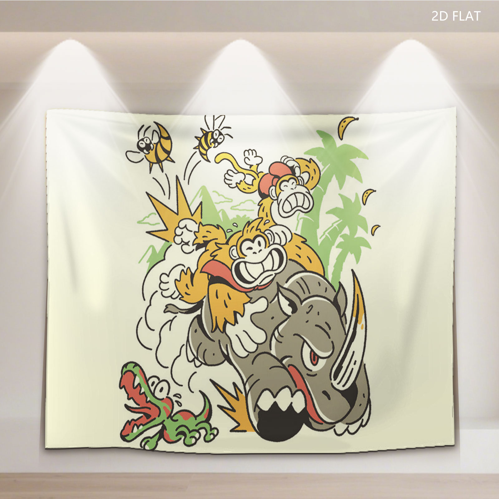 Diddy Kong and Donkey Kong Ride a Rhinoceros Through Jungle Chaos - Tapestry