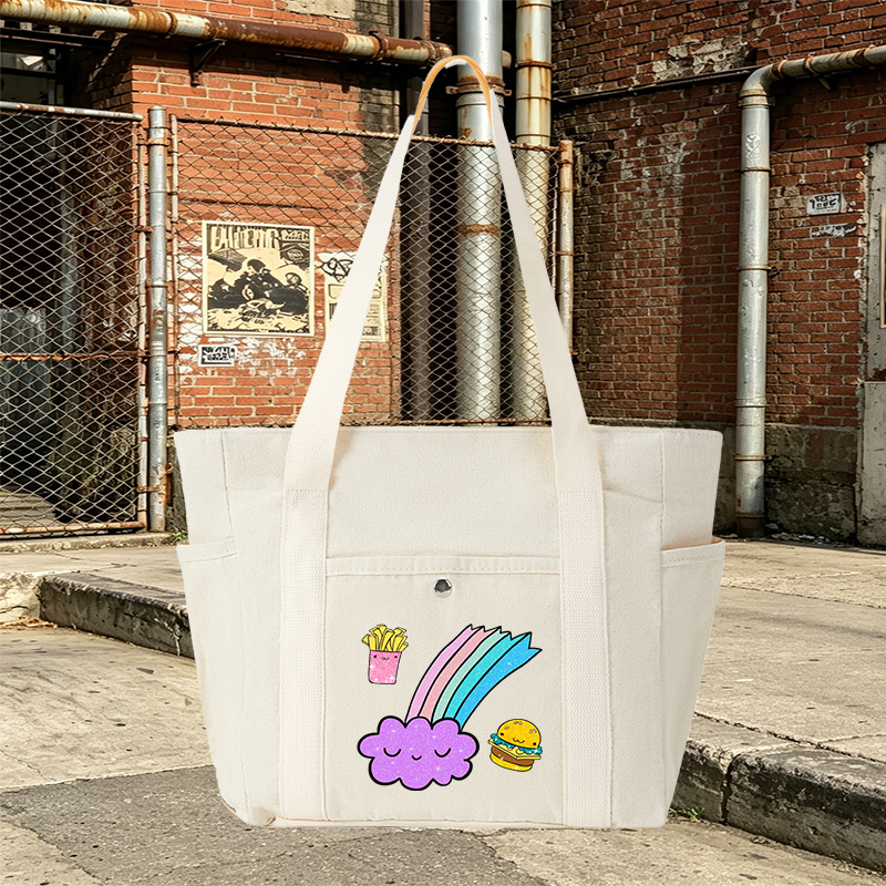 Multi Pocket Bag Cream White with Rainbow Cloud, Happy Burger & Fries Print – Versatile Organizer for Daily Use, School, Travel, and Outings – Ideal for Teens, Students, and Young Adults