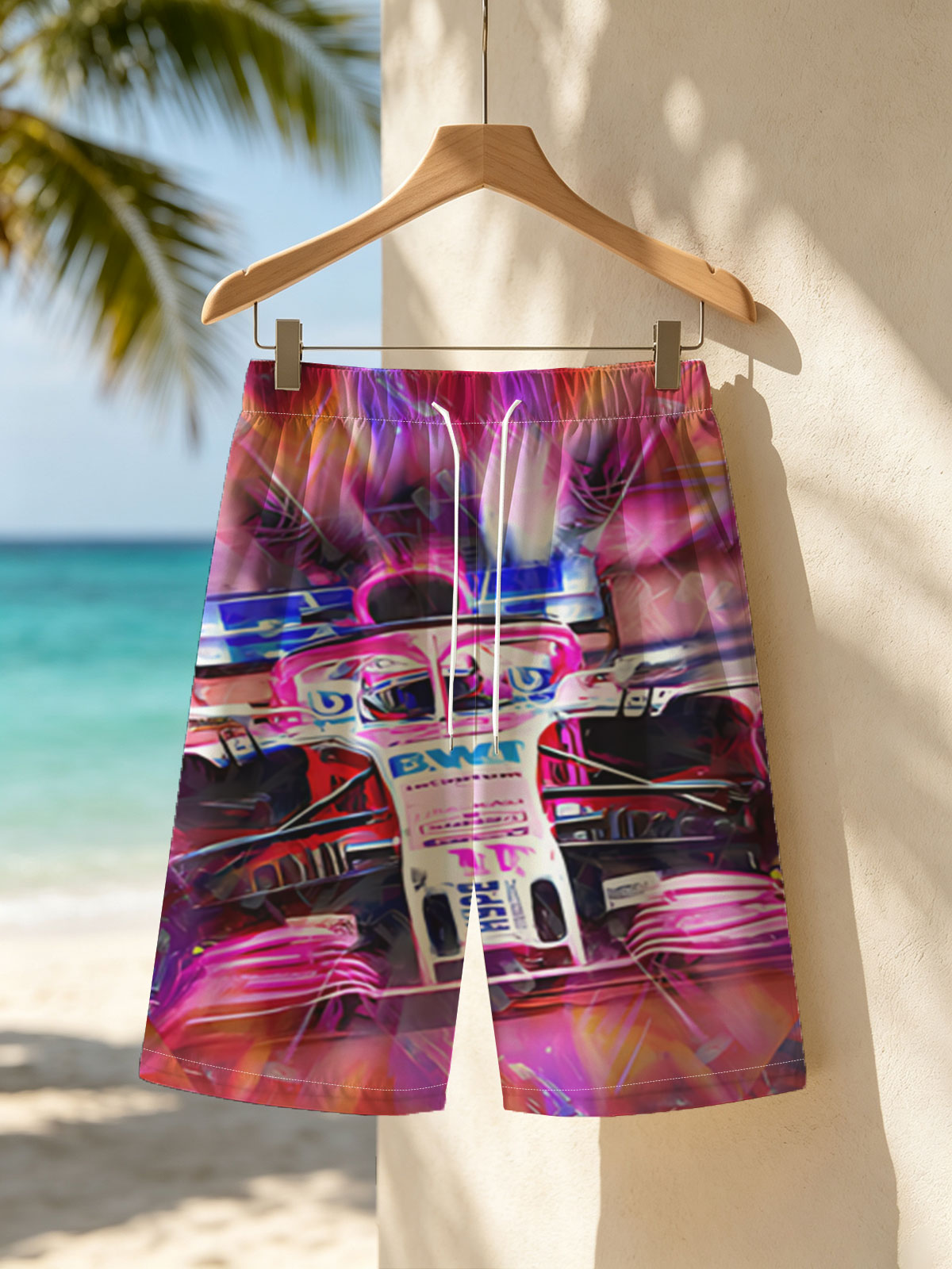F1 Racing Car in Vibrant Motion Art -  Beach shorts