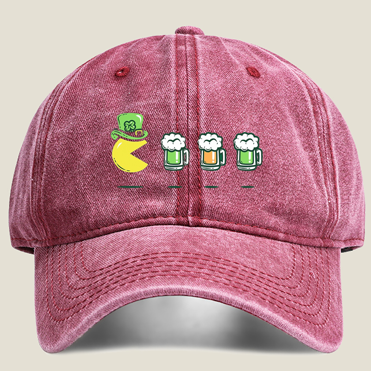 Pac-Man Wears a Leprechaun Hat and Approaches Beer Mugs - Washed Denim - Baseball Cap