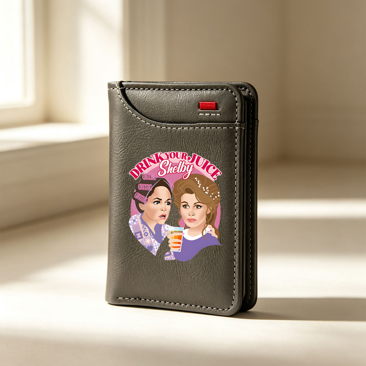 Drink Your Juice Shelby: Two Women with Hair Rolls and a Glass of Juice - Vertical Style Wallet
