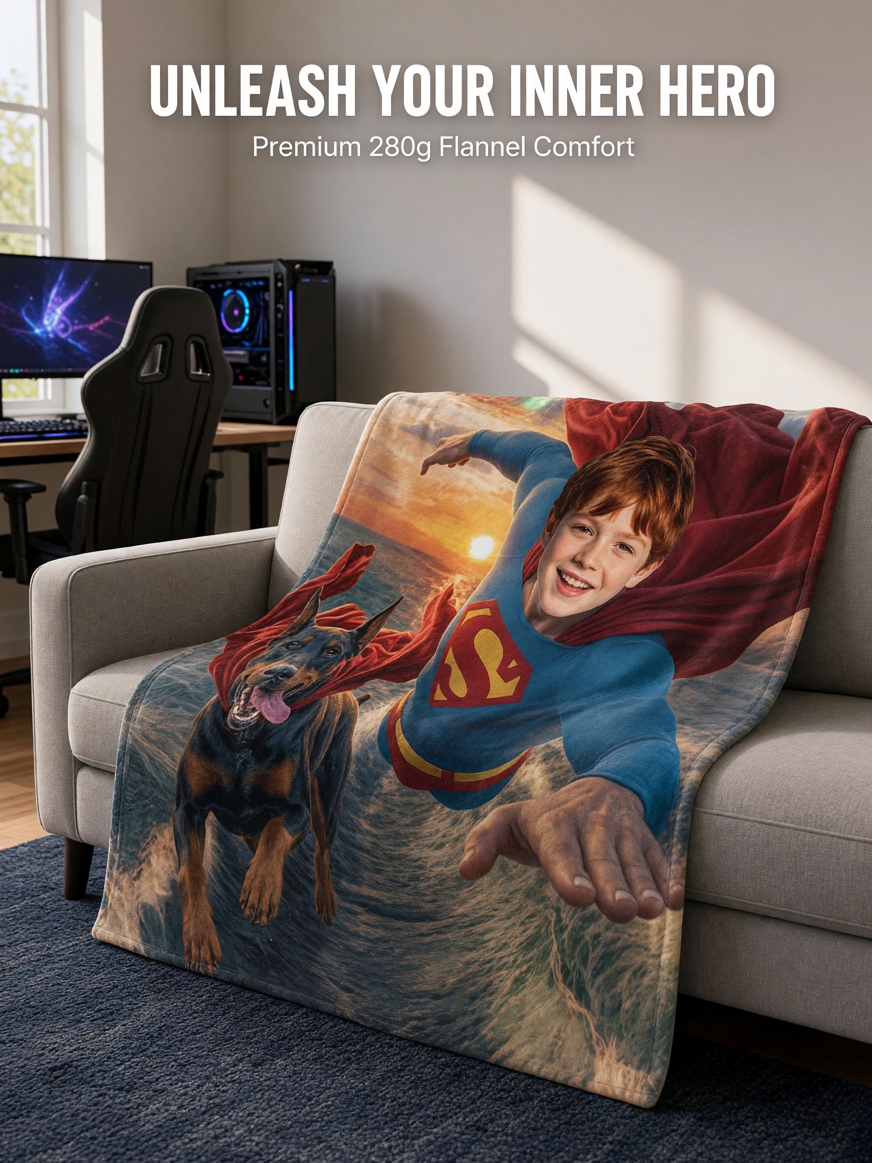 Custom Photo Face Blanket Personalized Superhero Flying Theme Soft Flannel Fleece Throw Keepsake Gift for Kids and
