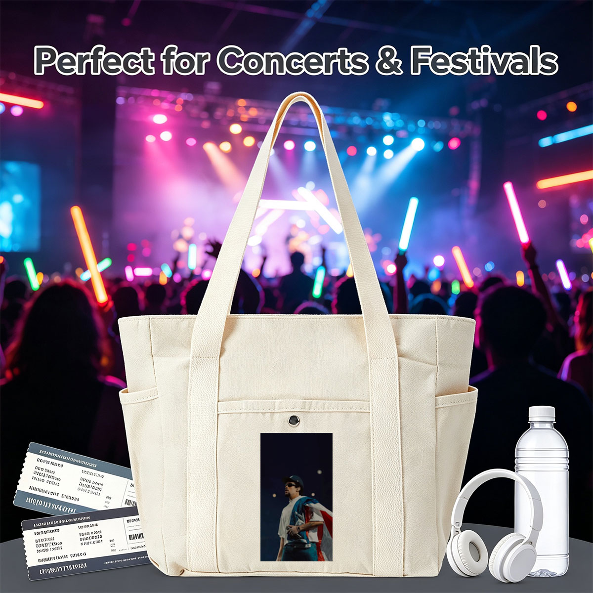 Bad Bunny Performing on Stage with Puerto Rican Flag Draped Over Shoulders - Multi-pocket bags