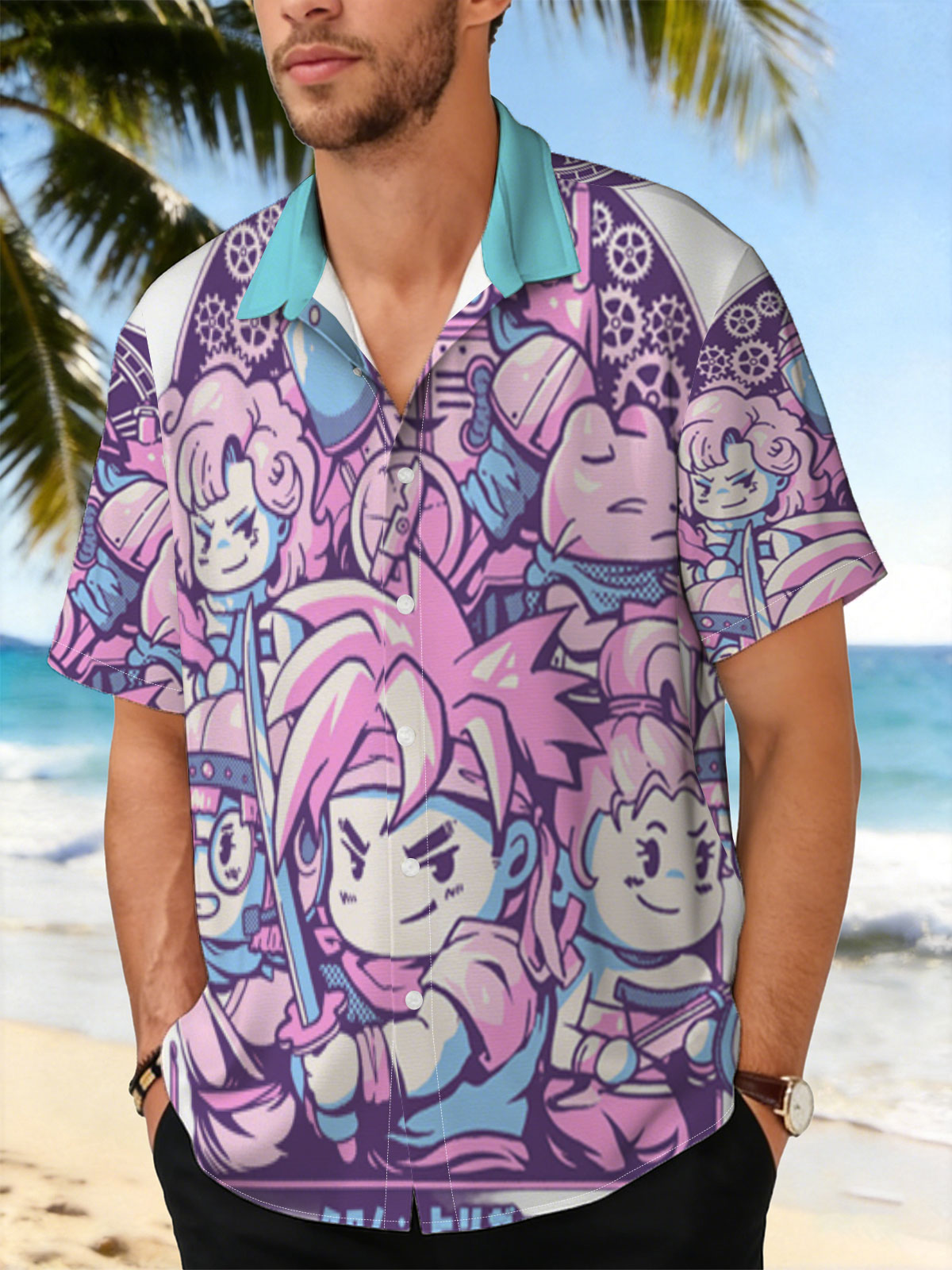 Chibi Characters in Pink and Blue with Clockwork Background -  Shirt