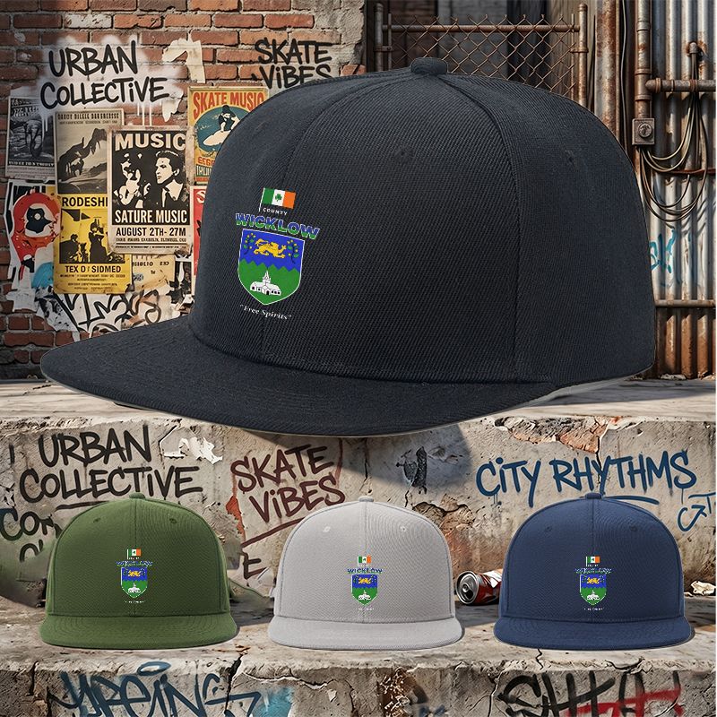 Flat Brim Baseball Cap County Wicklow Crest Irish Flag Lion Church Design Streetwear Underground Skate Style for Basketball Court Skate Park Urban Lifestyle Skaters Rappers Streetwear Enthusiasts Free Spirits Edition