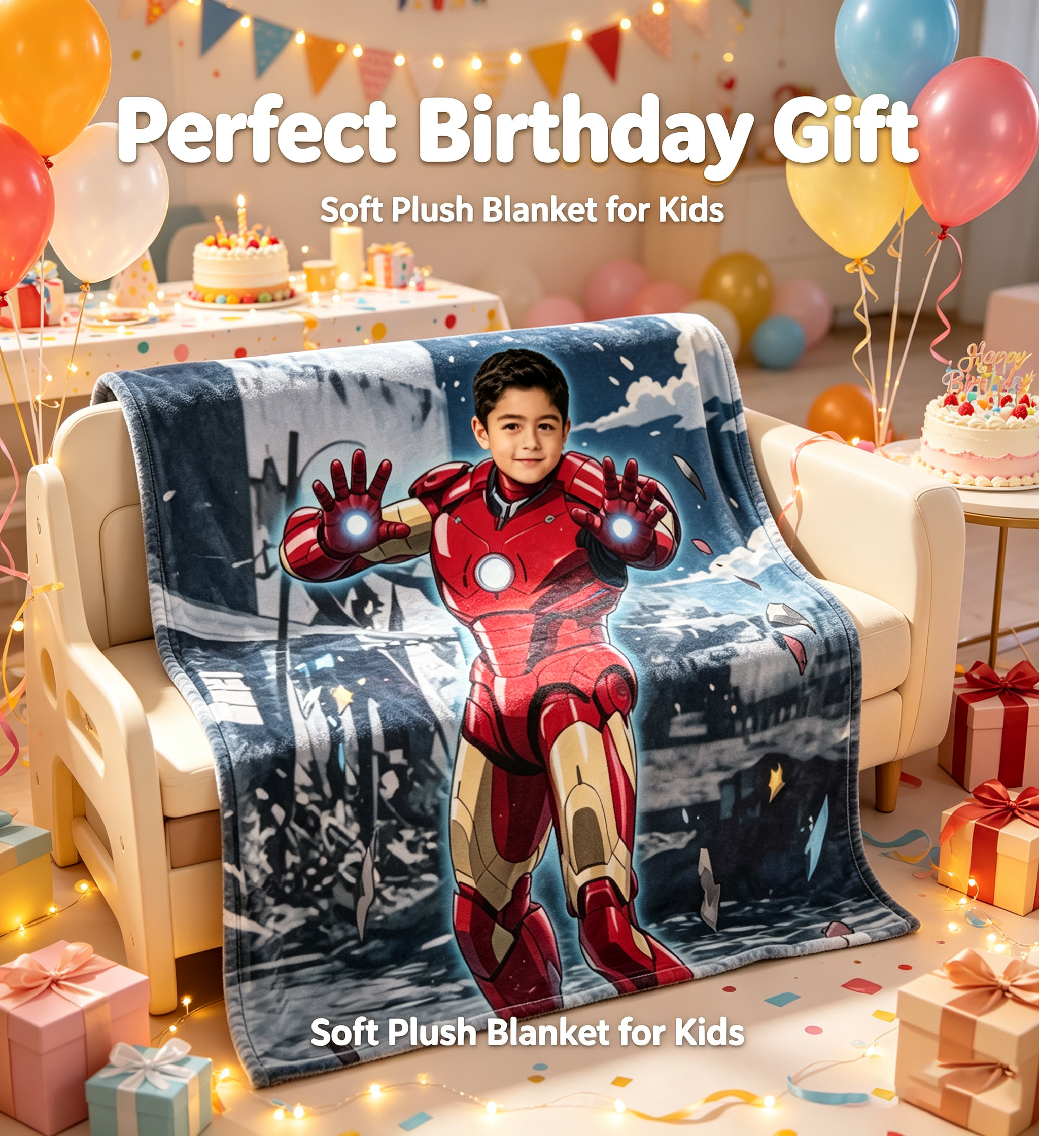 Personalized Iron Superhero Kids Blanket - Custom Face Soft Plush Throw 2.