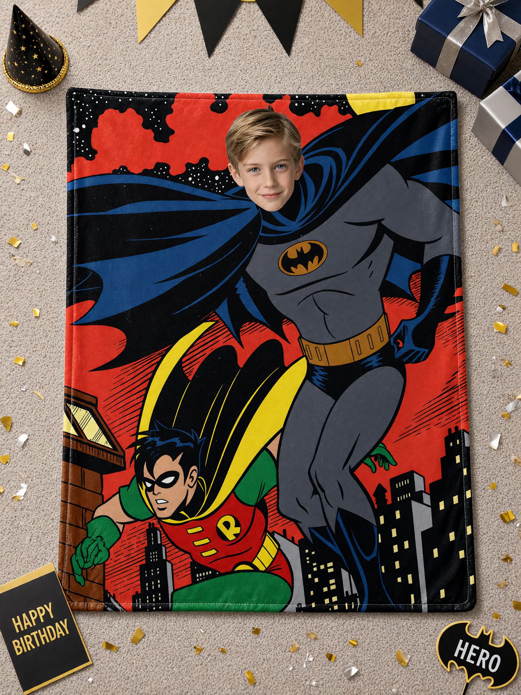 Custom Photo Superhero Face Blanket, Ultra Soft Flannel Comic Throw, Ideal Personalized Gift for Kids and Bed Couch