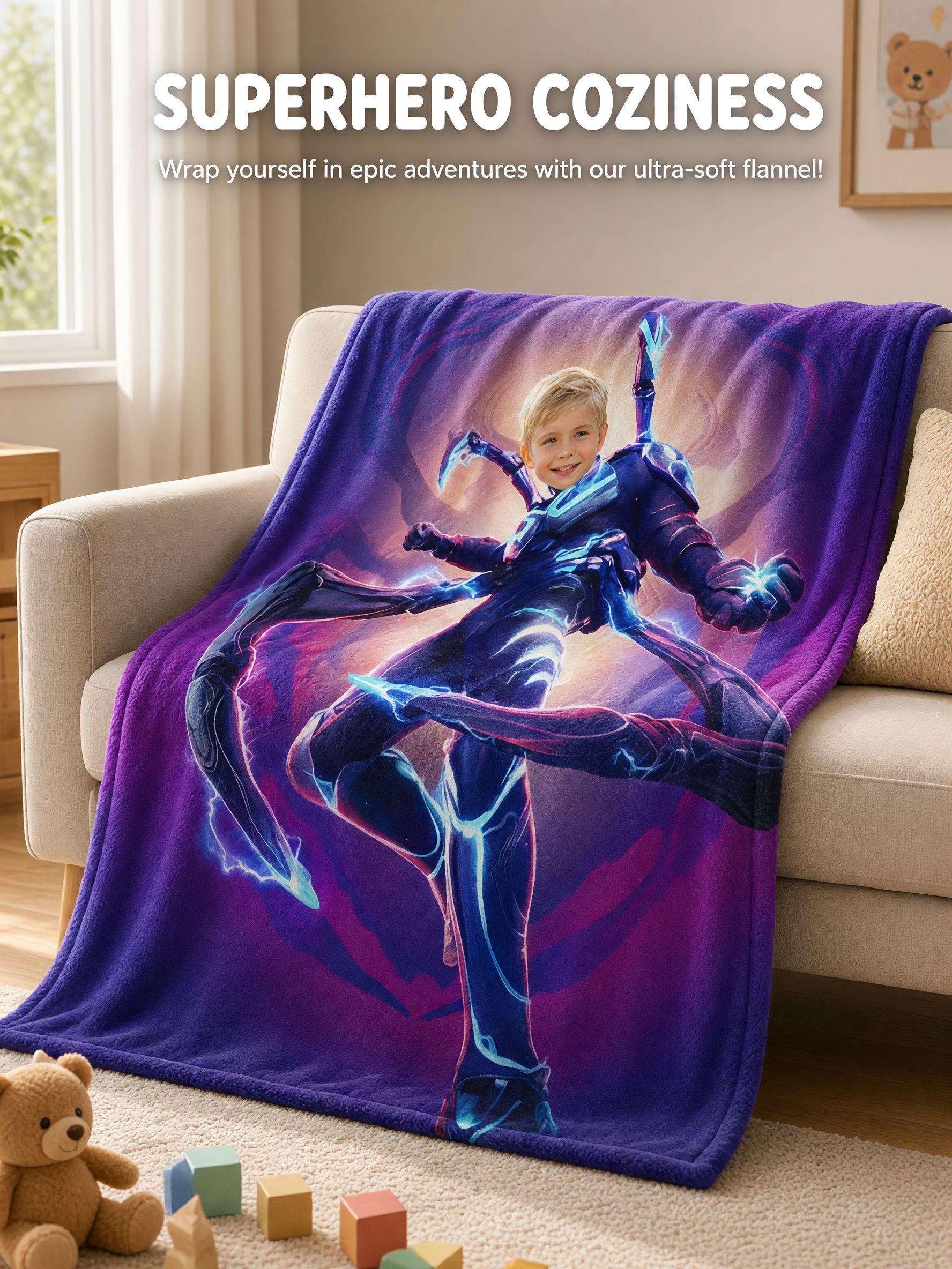 Personalized Custom Face Superhero Flannel Blanket Ultra Soft Cozy Throw for Kids and Adults Unique Photo Gift
