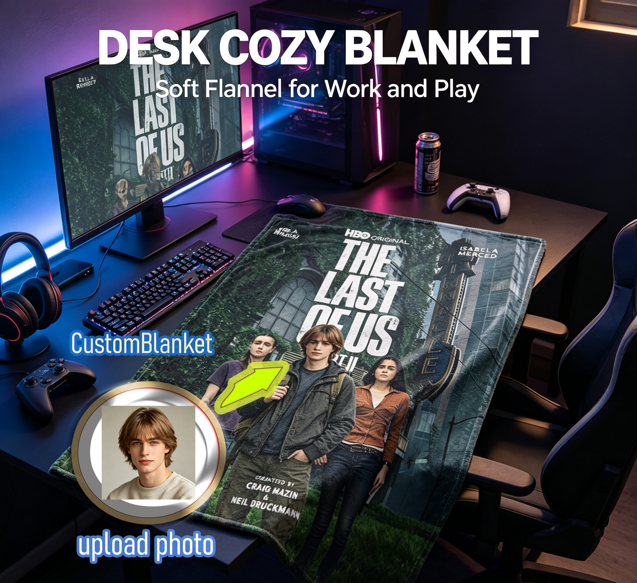 Custom Face Blanket The Last of Us HBO Series Flannel Blanket for Couch Cozying and Gaming Fans Perfect Gift or Giveaway Item