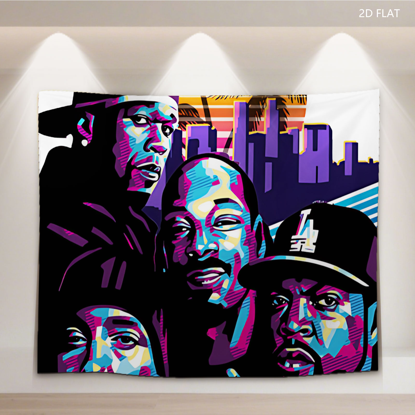 N.W.A. - Compton's Most Wanted: Ice Cube, Dr. Dre, Eazy-E, and MC Ren in Vibrant Urban Art Style - Tapestry