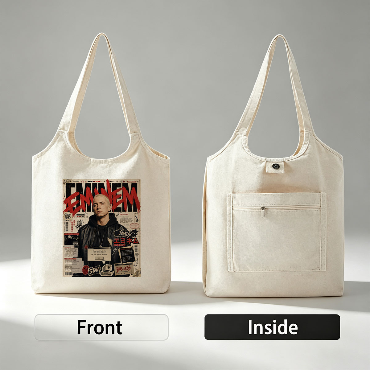 Eminem on a vibrant magazine cover featuring bold red text, career highlights, and iconic album references. - Canvas shoulder bags/