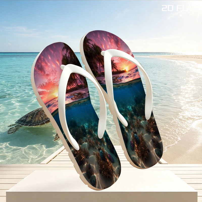 Sunset over tropical beach with underwater coral reef -  flip-flops
