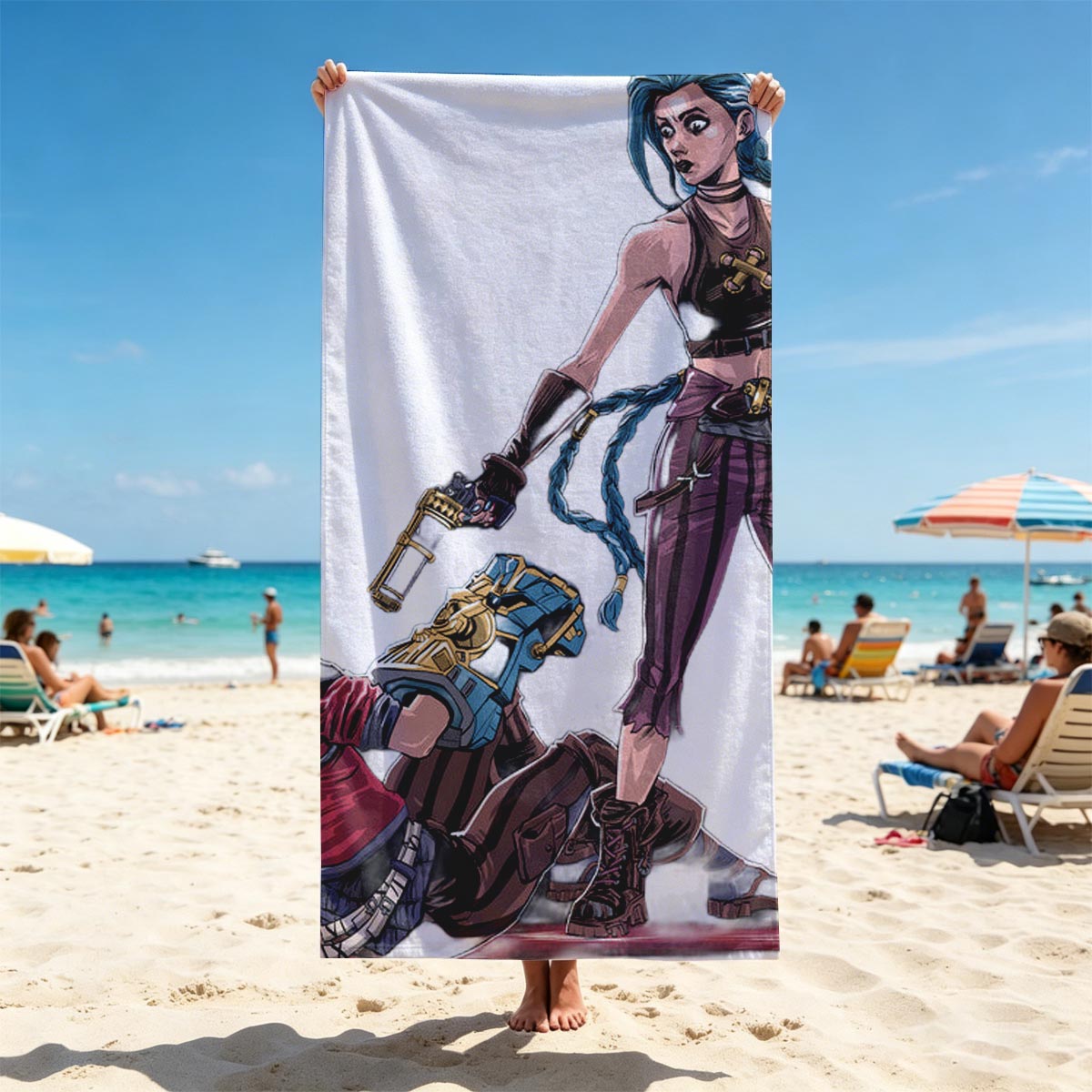 Blue-Haired Warrior and Pink-Haired Ally in Steampunk Combat Stance - Beach towels