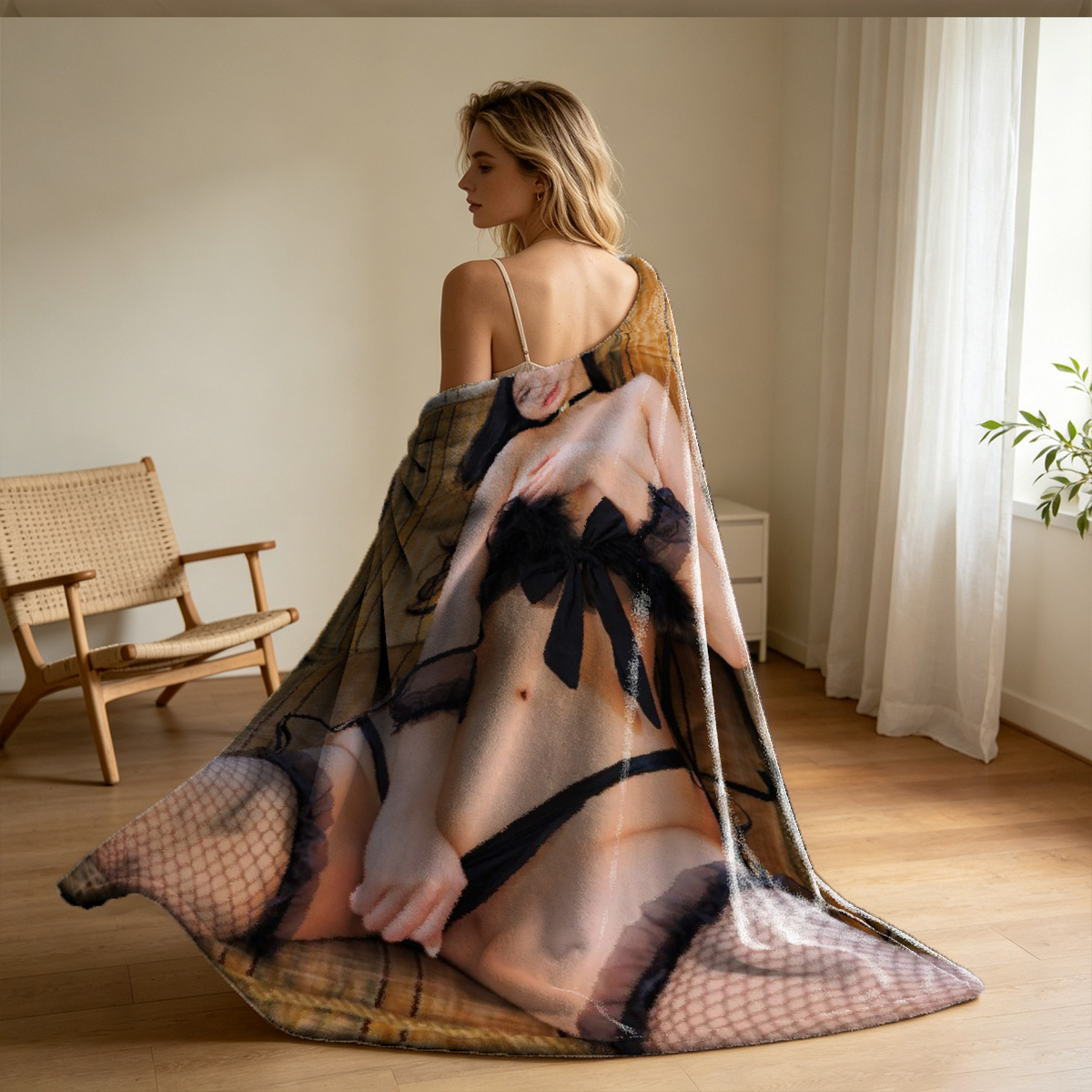 Beautiful Chinese Bride in Pink Shibari Lingerie Kneeling on Fur Rug - Blanket