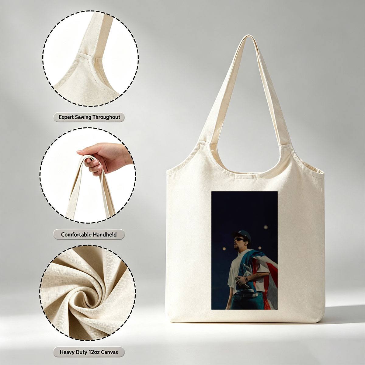 Bad Bunny Performing on Stage with Puerto Rican Flag Draped Over Shoulders - Canvas shoulder bags/