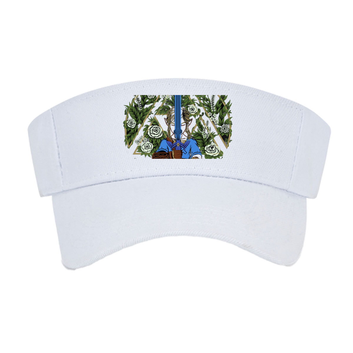 Link from The Legend of Zelda holding Master Sword, surrounded by floral wreath and geometric design -  Visor cap