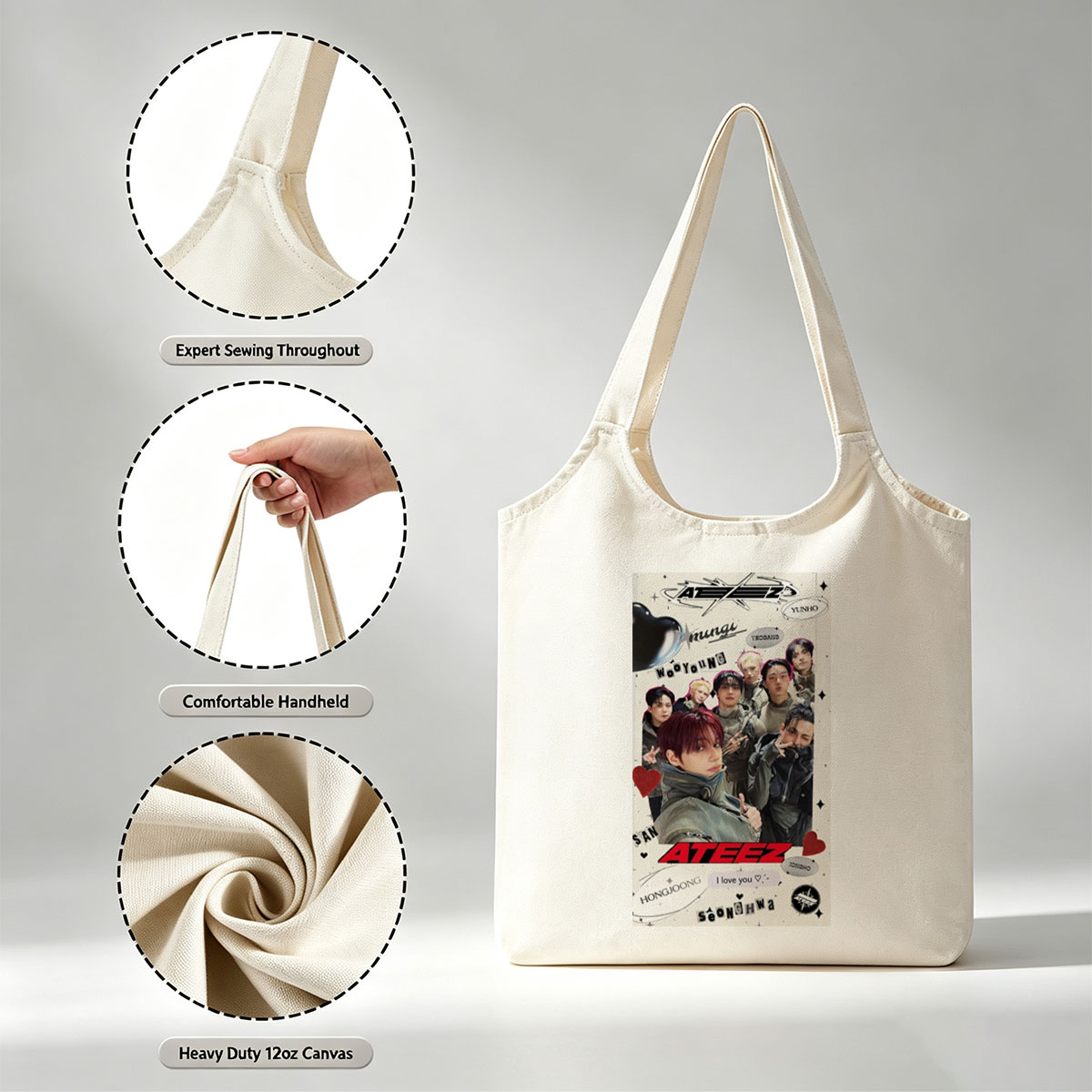 ATEEZ Group Photo Featuring Members in Stylish Outfits with Heart and Name Decorations - Canvas shoulder bags/