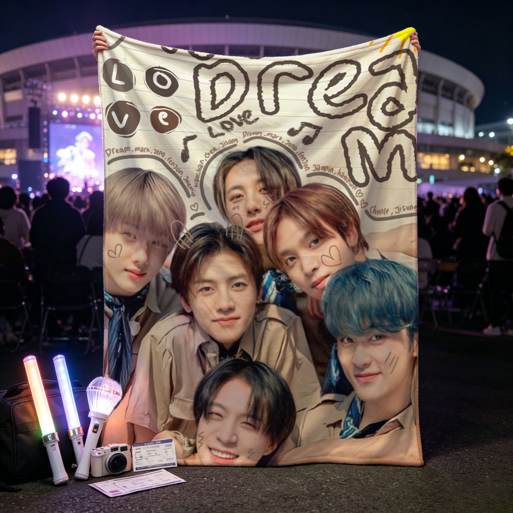NCT Dream Group Photo with Handwritten Notes and Heart Drawings on Lined Paper Background - Blankets