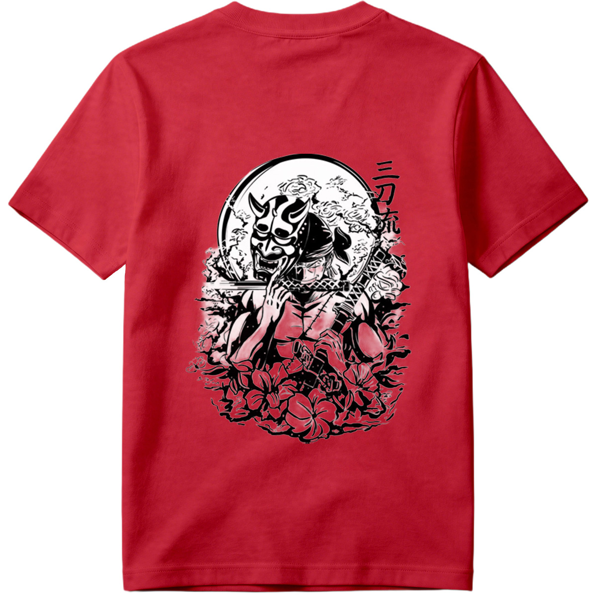 Samurai with Oni Mask and Katana in Floral Scene - Tee