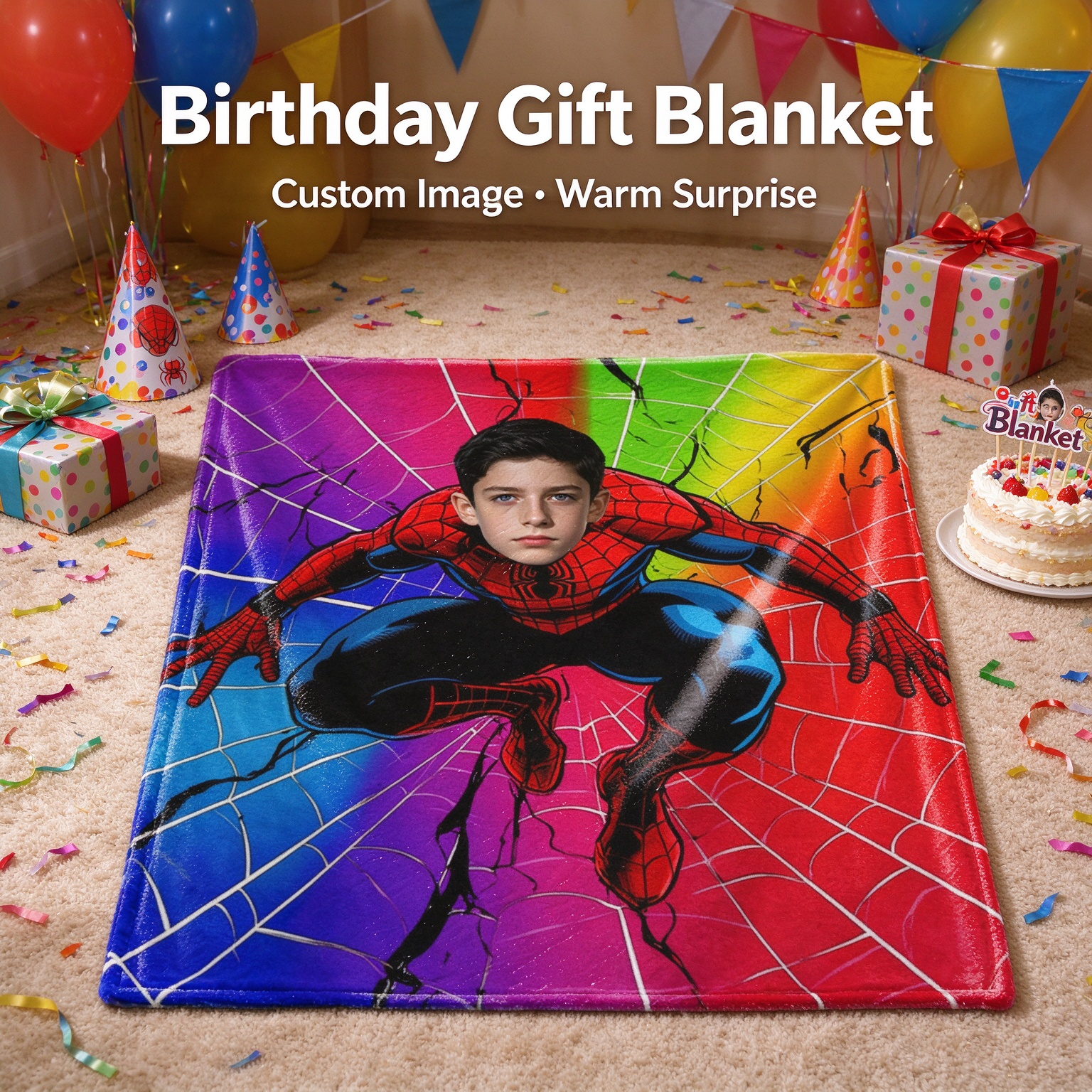 Custom Face Superhero Flannel Fleece Blanket, Personalized Photo Rainbow Throw, Ideal Cozy Gift for Kids and Adults