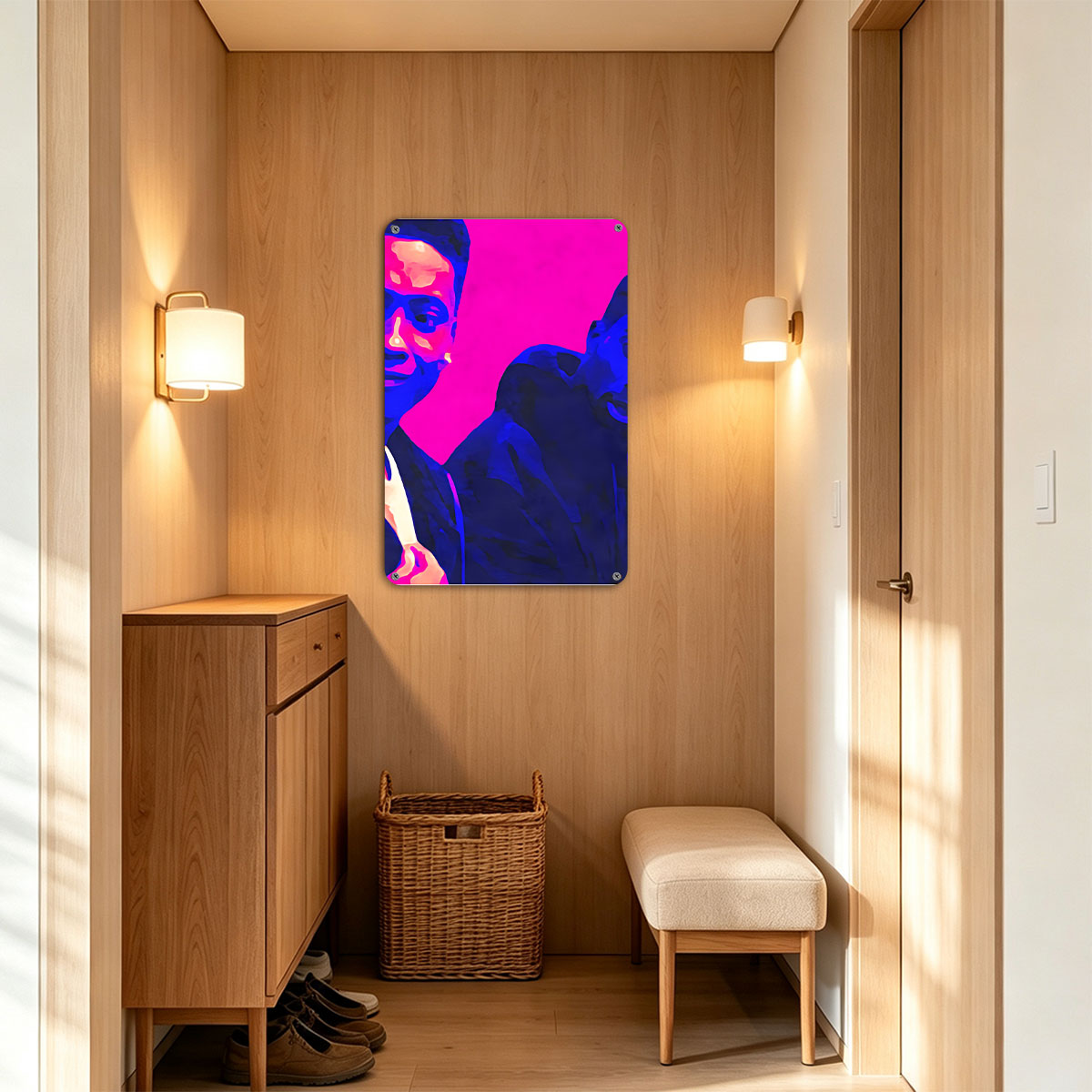 Two Men in Vibrant Pink and Blue Portrait - painting