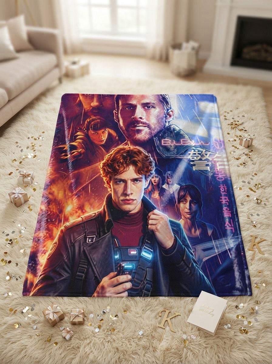 Custom Photo Headshot Blanket Personalized Flannel Throw with Vibrant Sci-Fi Movie Poster Style Art for Bed Sofa Ideal