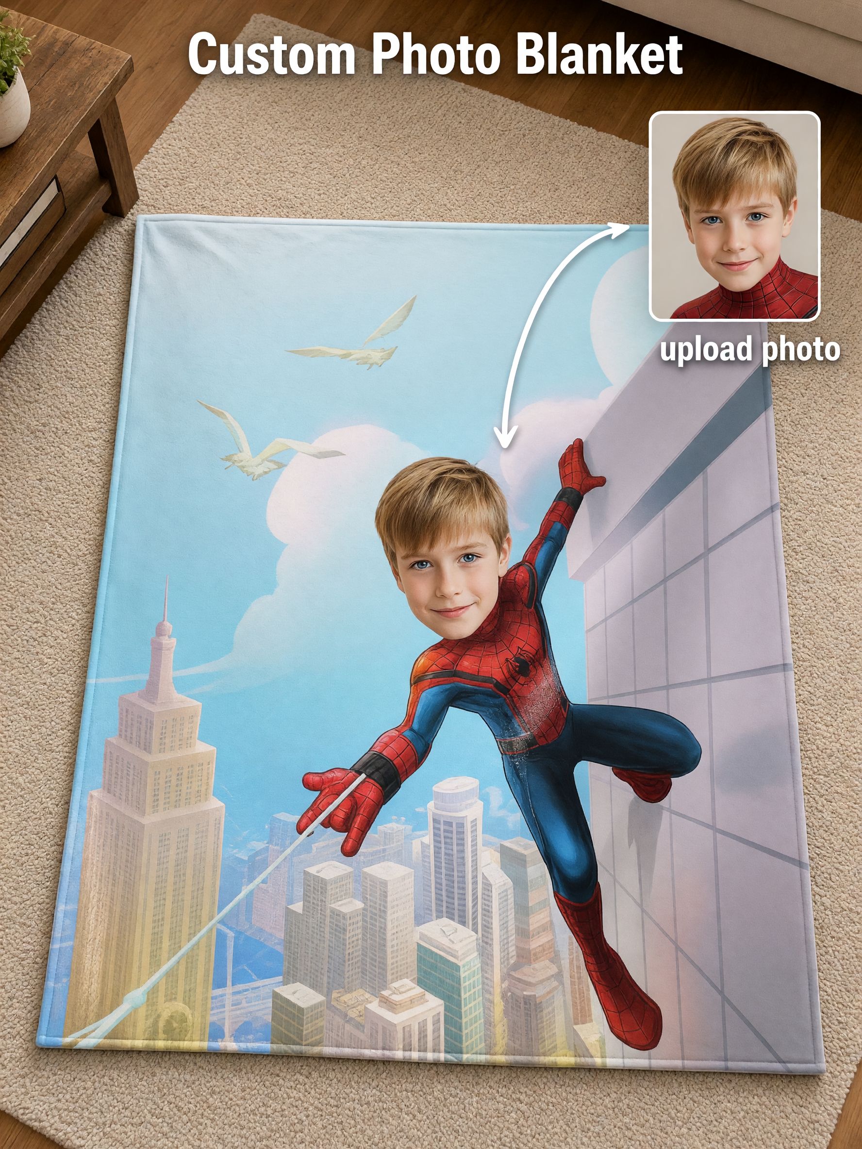 Custom Photo Superhero Flannel Fleece Blanket Personalized Face Portrait Throw for Kids Bedroom Gift