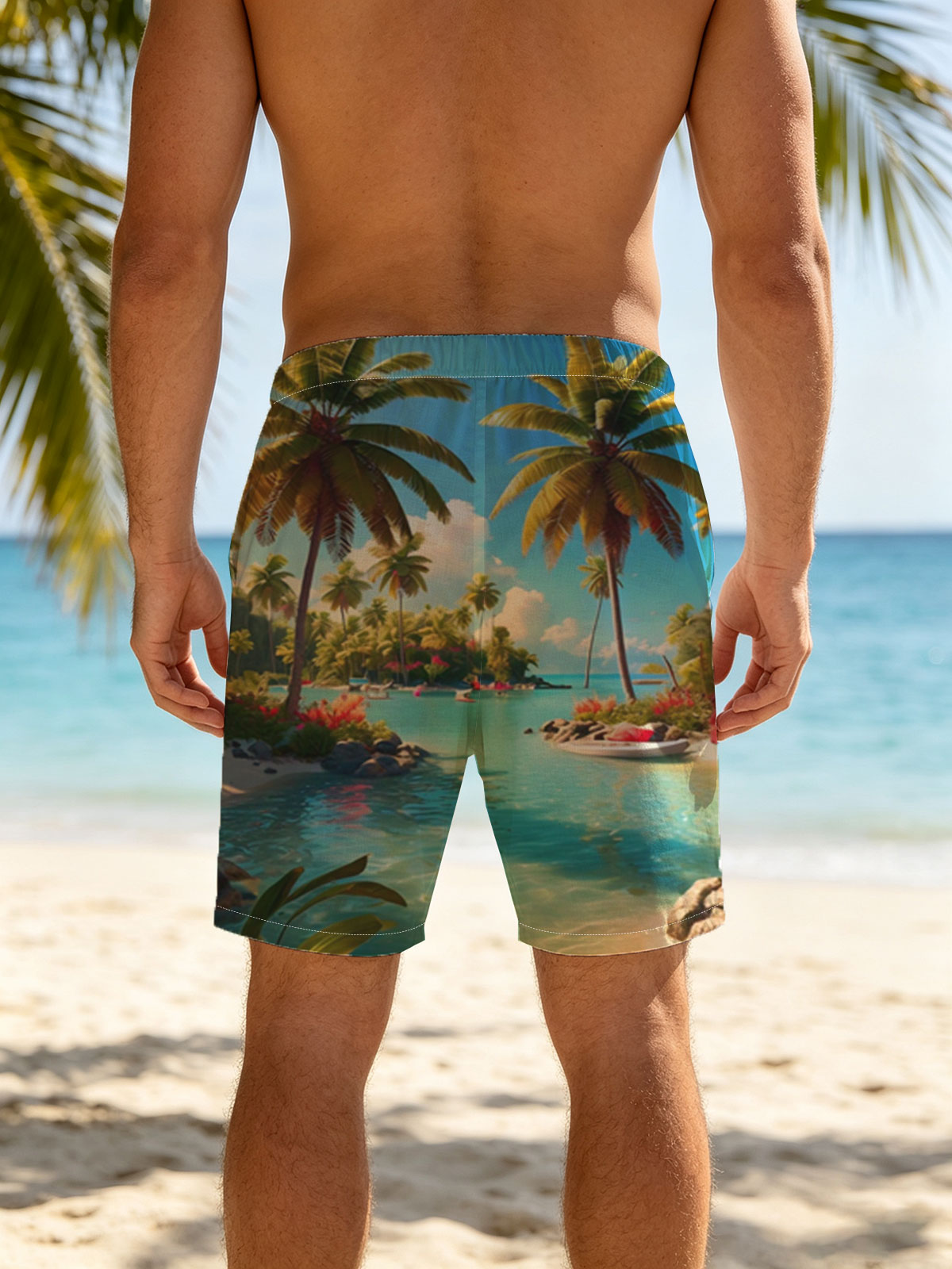 Tropical Paradise with Palm Trees and Crystal Clear Water -  Beach shorts