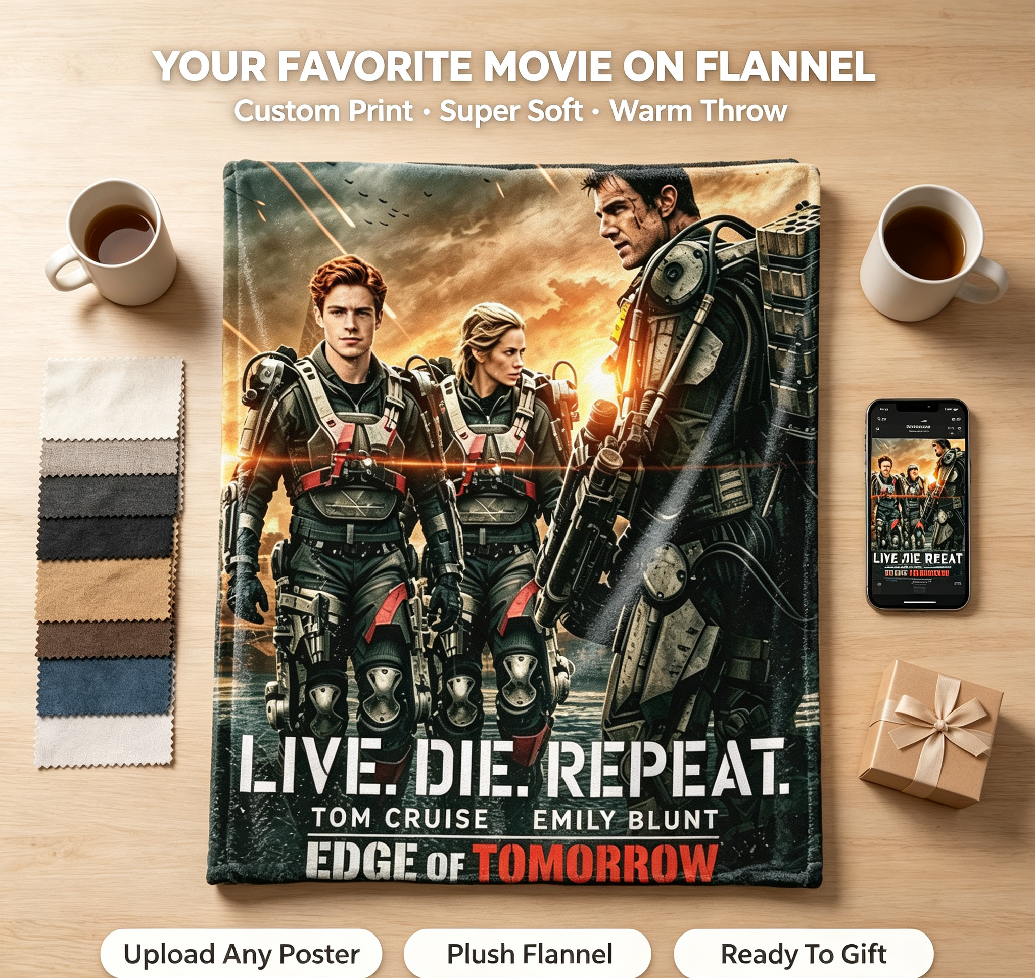 Custom Face Blanket Edge of Tomorrow Movie Characters Flannel Blanket Perfect for Fans of Tom Cruise and Emily Blunt Ideal for Couch, Bed, or Travel Great Gift or Giveaway for Sci-Fi Movie Enthusiasts