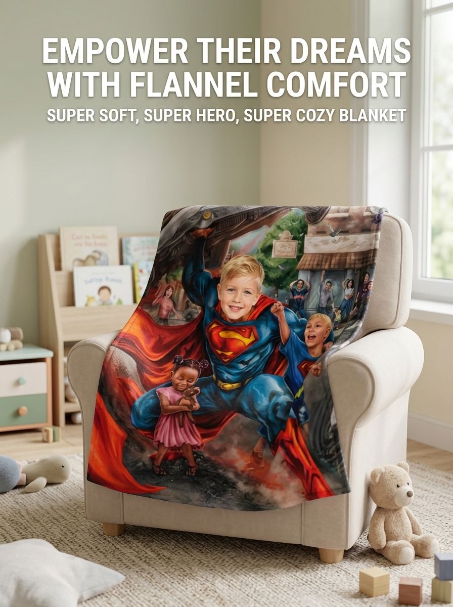 Custom Superhero Photo Flannel Blanket Personalized Face Upload Ultra Soft Anti Pilling Throw for Kids Adults Gift