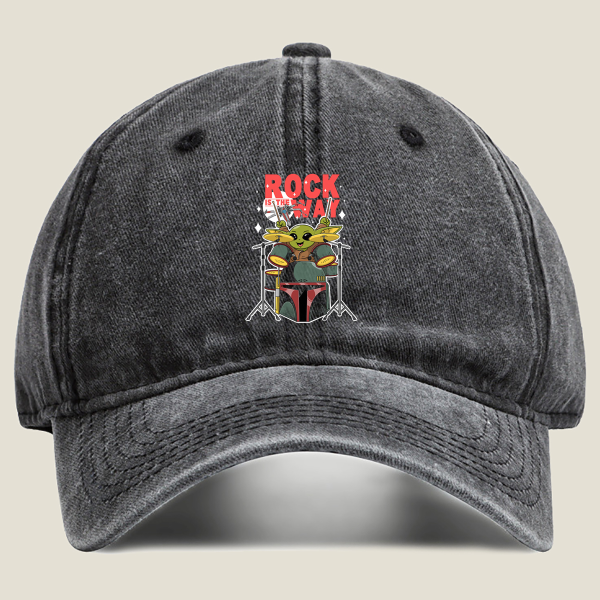 Baby Yoda Rocks the Drums with Boba Fett Helmet - Washed Denim - Baseball Cap