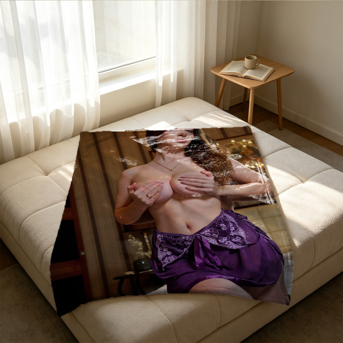 Nude Blonde on Blue Satin by the River - Blanket