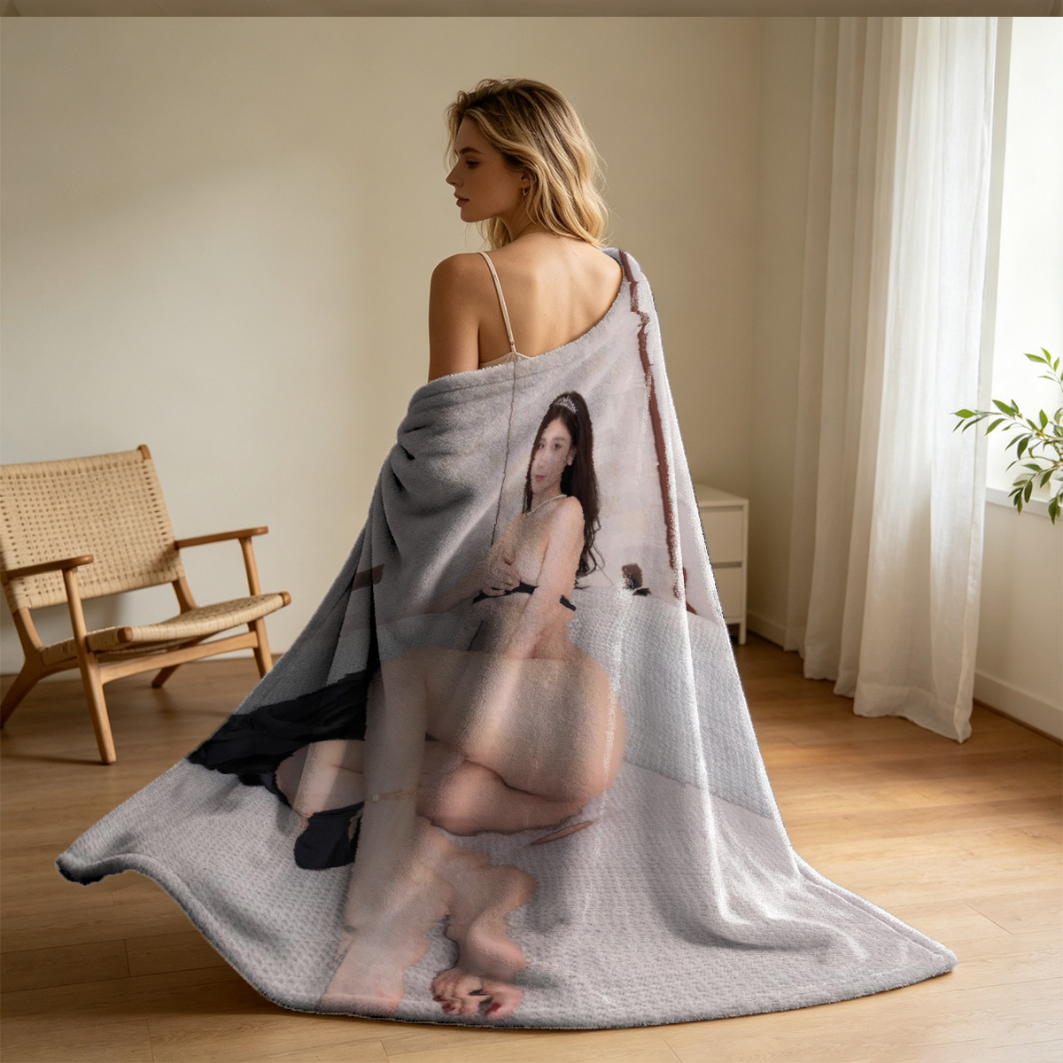 Red Lingerie Tease by the Window - Blanket