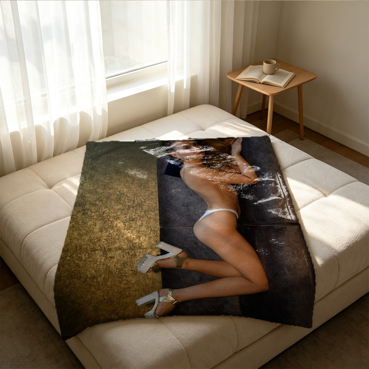Reindeer Girl in Fur Bikini Laying by Christmas Tree - Blanket