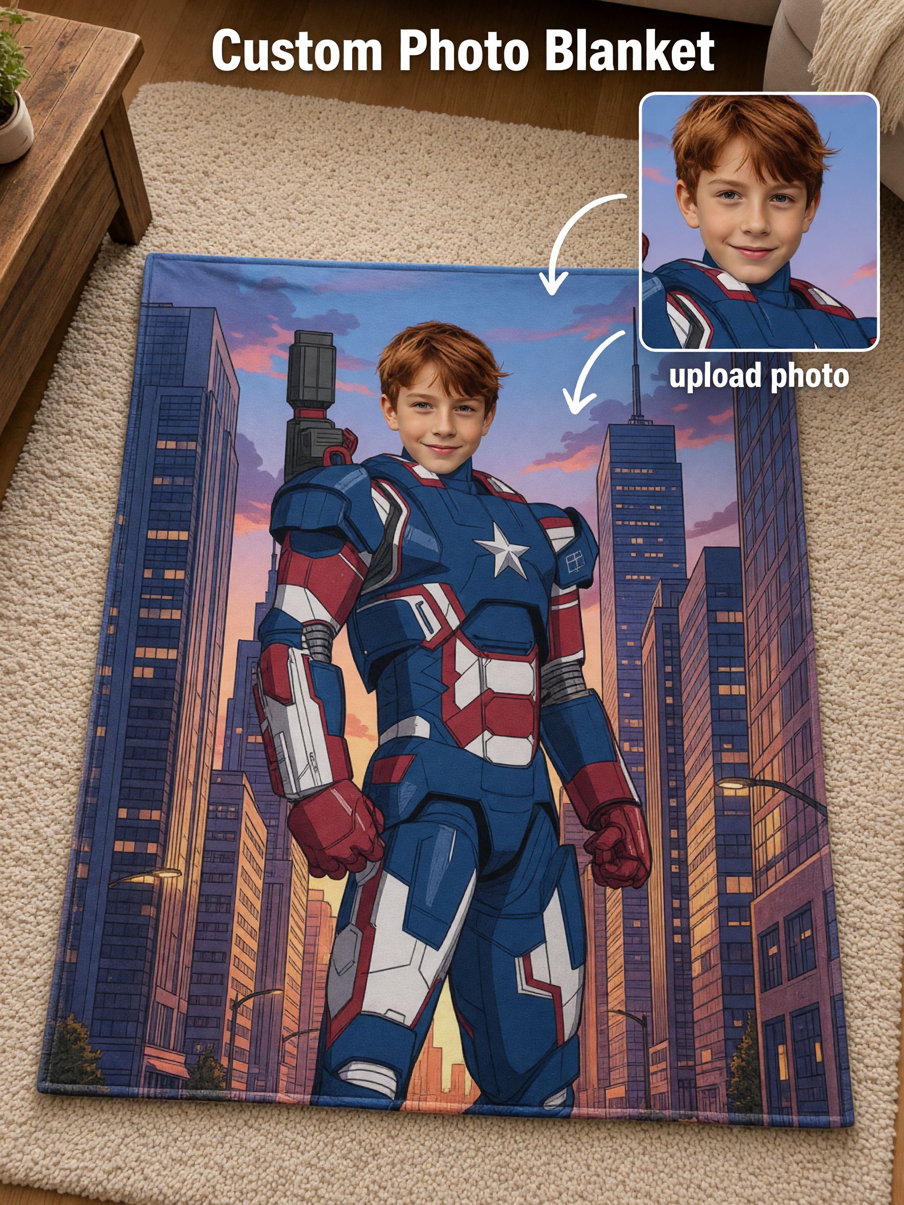 Custom Photo Face Blanket, Personalized Superhero Armor Flannel Throw, Ideal Cozy Gift for Kids and Teens