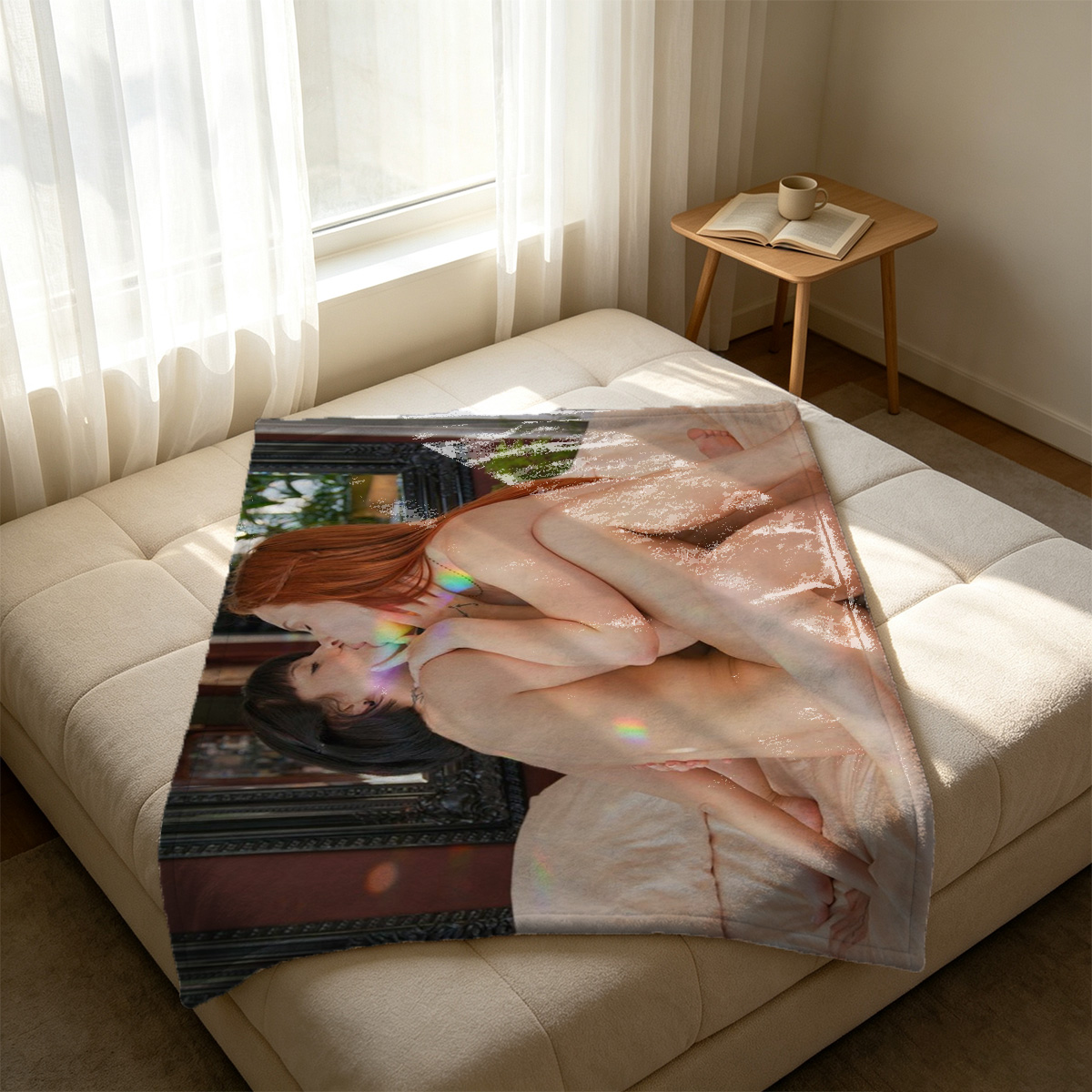 Redhead Nude on Floor with Red Flower in Hair - Blanket