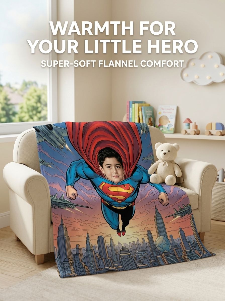 Custom Face Superhero Photo Flannel Blanket, Personalized Soft Warm Throw Blanket, Unique Gift for Kids and Comic Fans