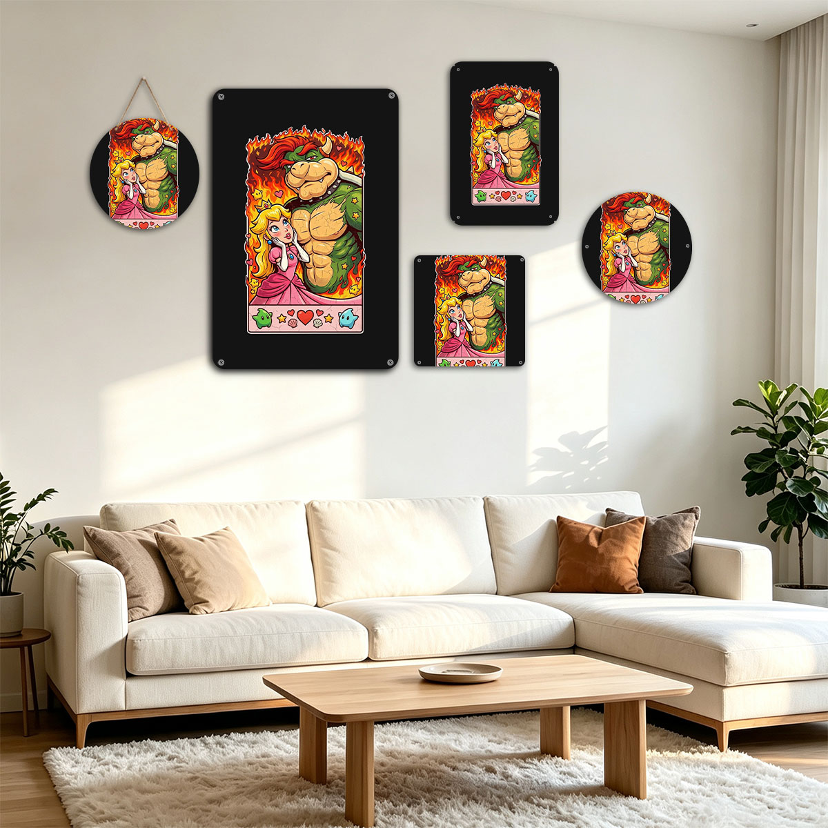 Bowser and Princess Peach in a fiery romantic scene, surrounded by hearts, stars, and mushrooms. - painting