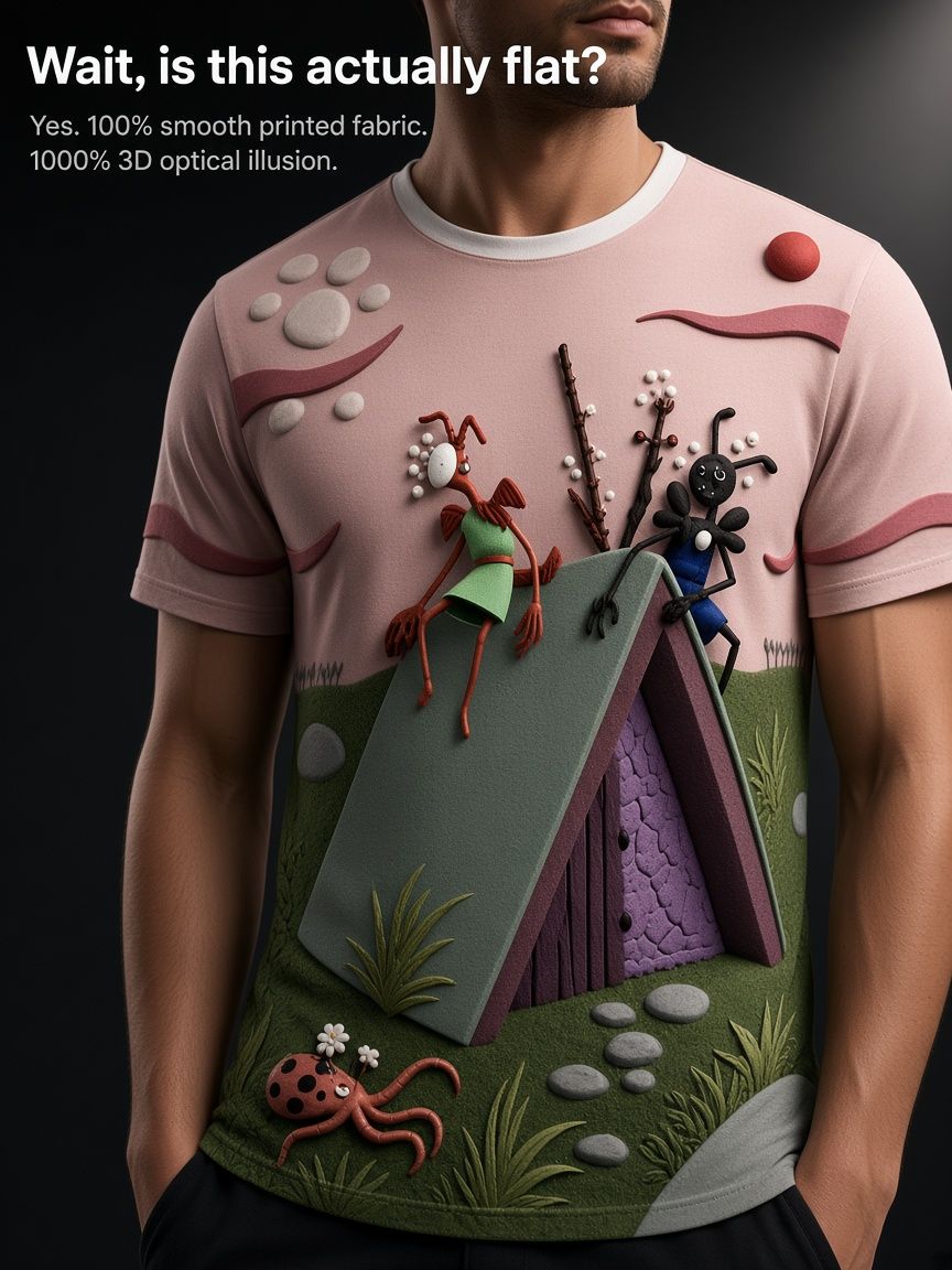 Whimsical Clay Insect Cottage 3D Optical Illusion Graphic Tee Breathable Athletic Mesh T-Shirt Casual Sports Wear