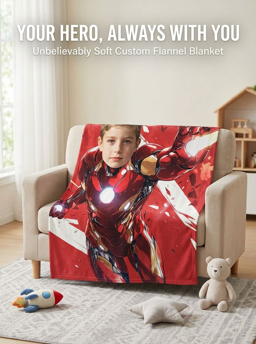 Custom Photo Superhero Armor Flannel Blanket Personalized Face Velvet Plush Throw Ideal Gift for Kids Adults