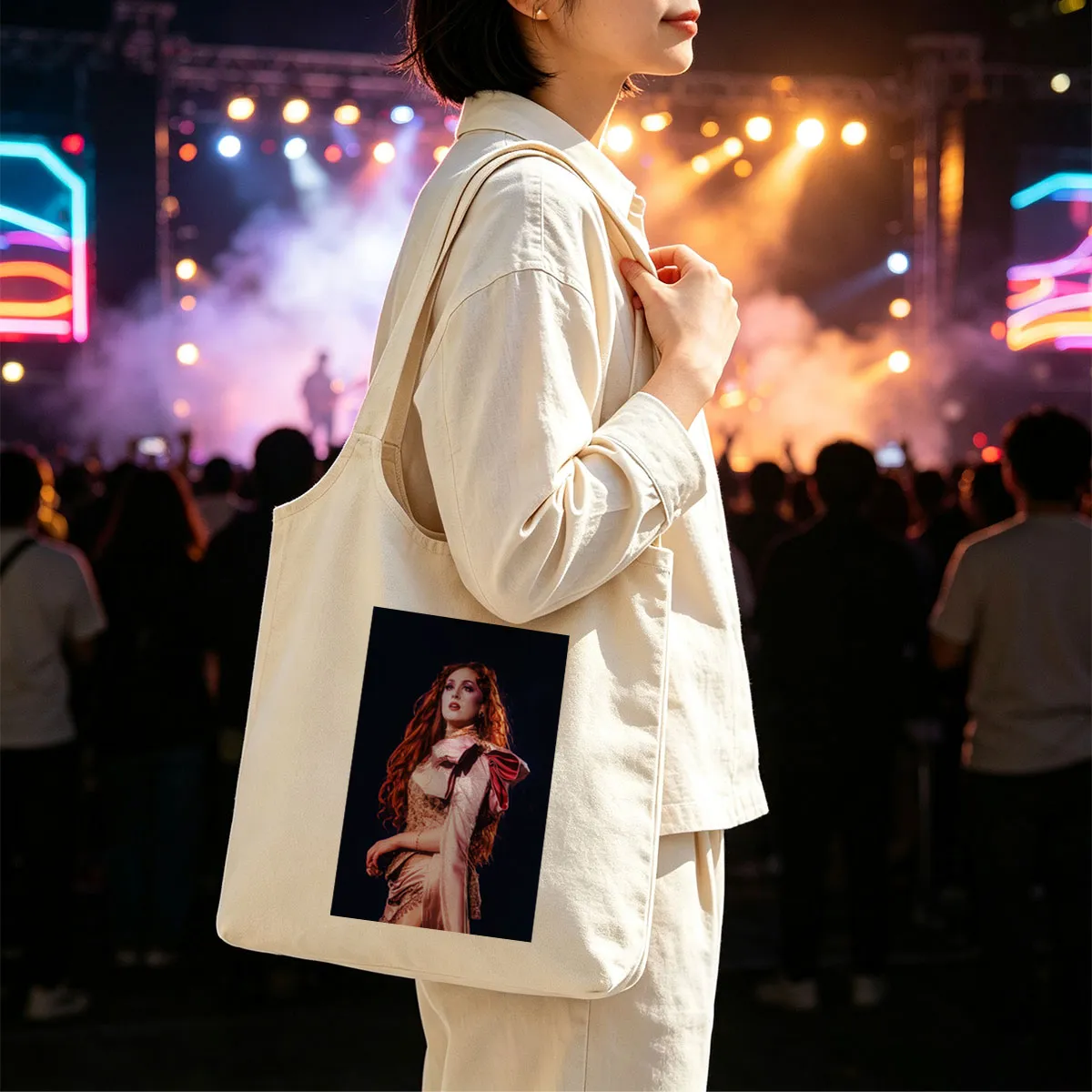 Katy Perry in a Dramatic Performance Scene Wearing a Pink Satin Outfit with Elegant Makeup and Long Red Hair - Canvas shoulder bags/