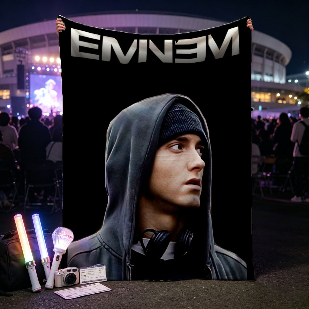 Eminem in Hoodie with Parental Advisory Label on Black Background - Blankets