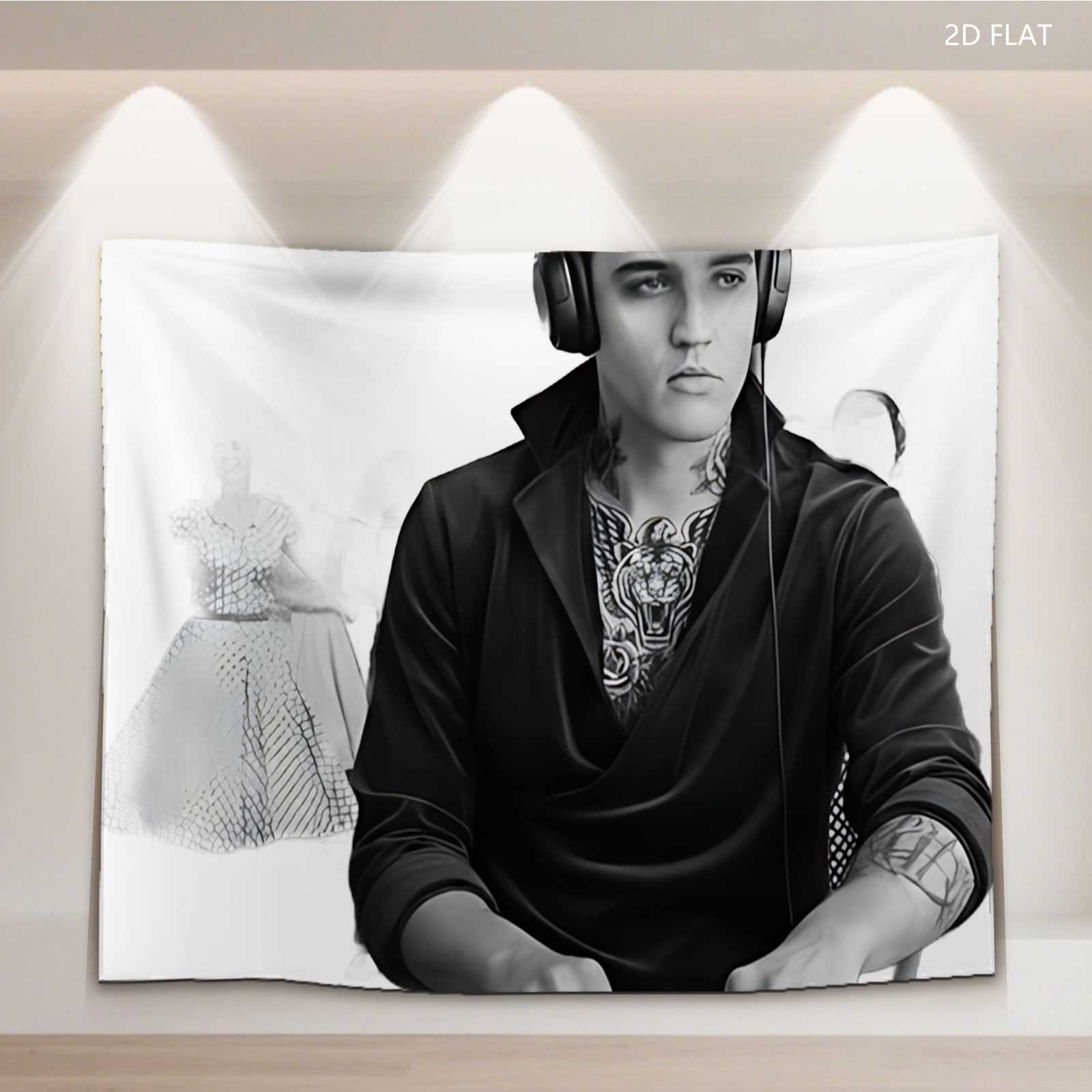 Elvis Presley as a DJ with headphones, tattoos, and a woman in a vintage dress in the background. - Tapestry